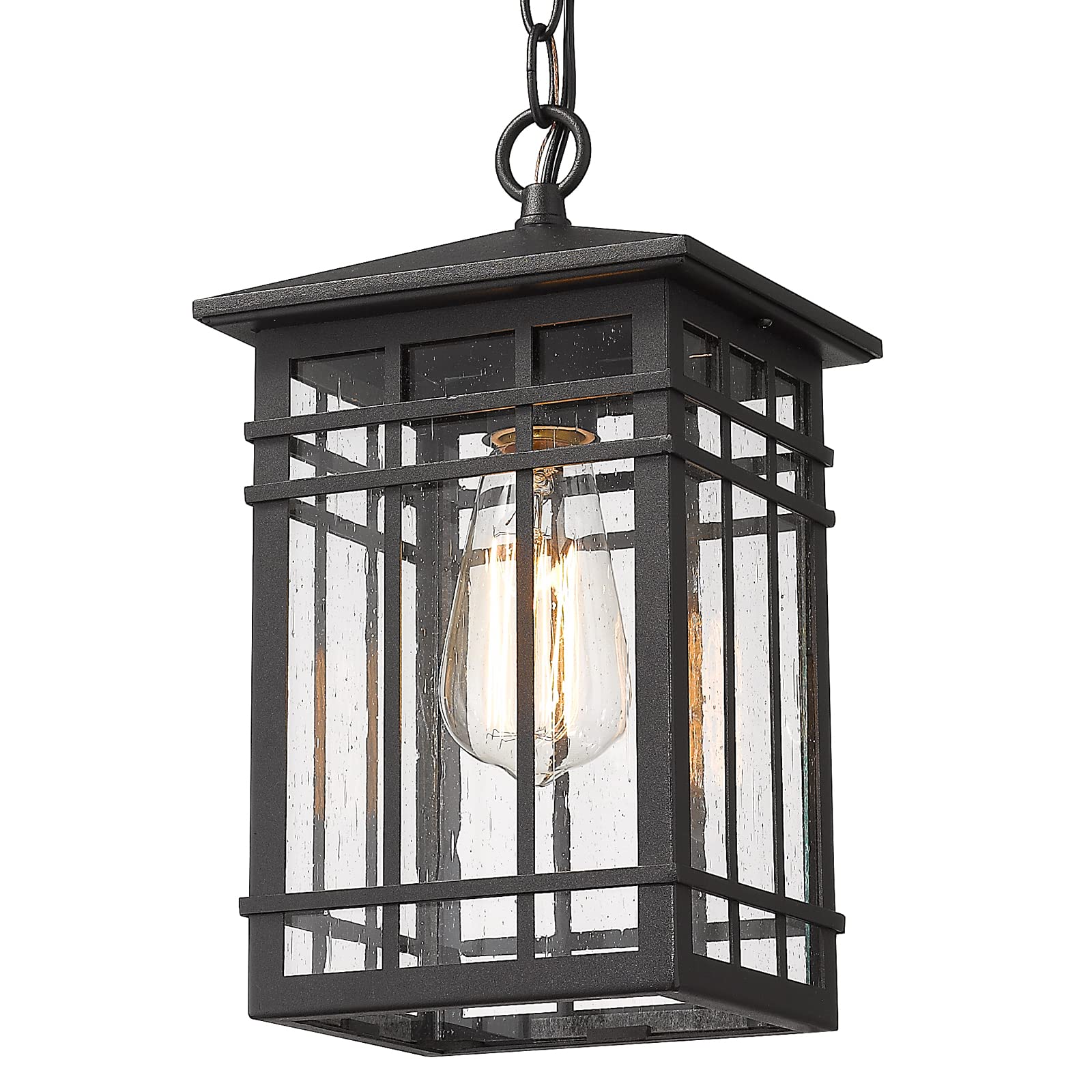 Black Farmhouse Outdoor Pendant Lighting - Seeded Glass Exterior Hanging Lantern for Porch, Entryway, Patio & Gazebo | Weather-Resistant Rustic Outdoor Lighting for Home & Garden Decor