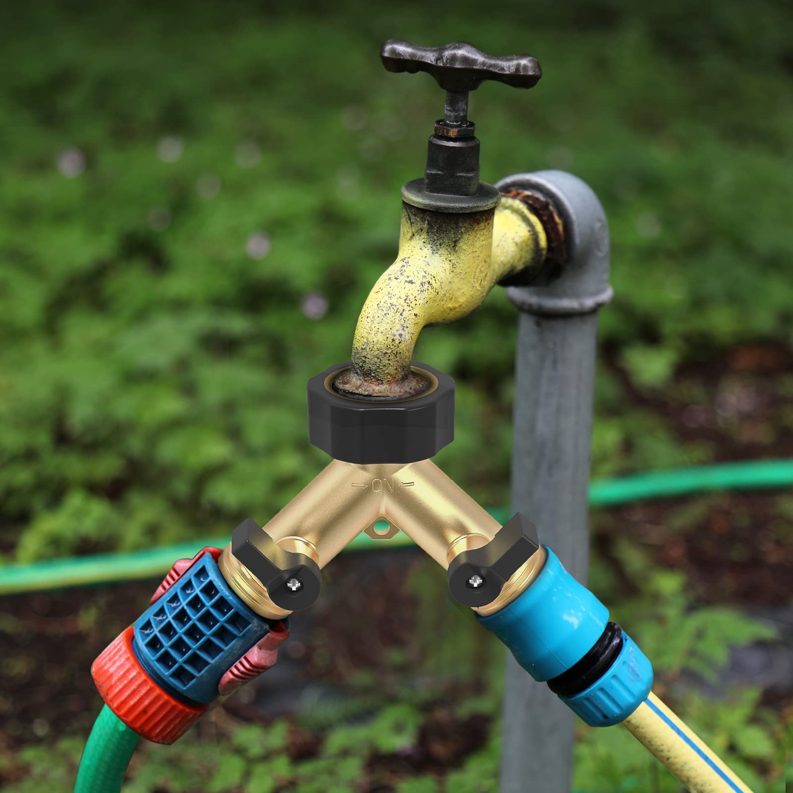 Twinkle Star 2-Way Heavy Duty Brass Garden Hose Splitter - Y Connector Adapter with 2 Extra Rubber Washers - Durable Hose Bib Spigot Connector for Lawn, Garden & Outdoor Watering Accessories