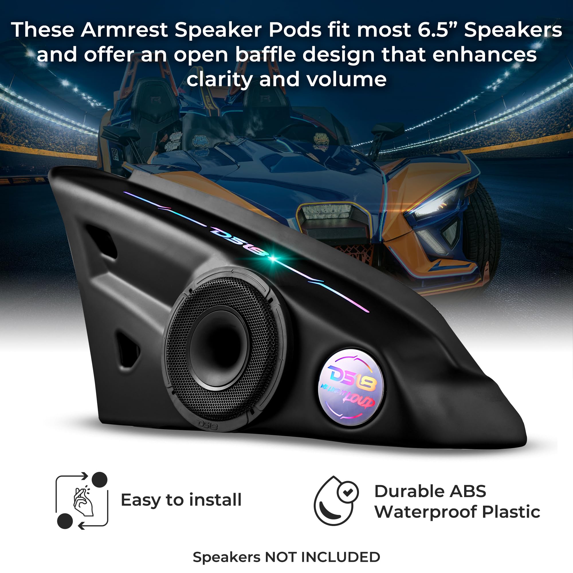 DS18 SLG-AR6V2 Polaris Slingshot Arm Rest Enclosure with Digital LED Lights (2015+ Models) - Fits 2X 6.5