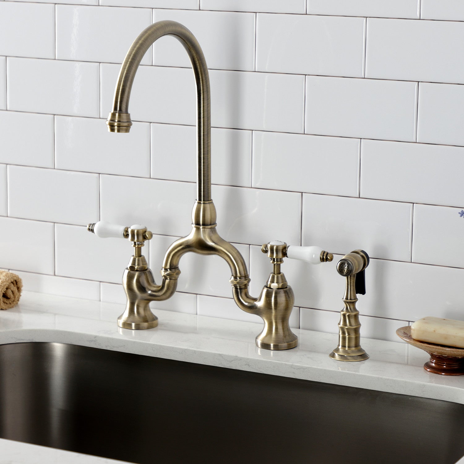 Bel Air KS7793BPLBS Two Handle 3 Hole Deck Mount Bridge Kitchen Faucet with Brass Side Sprayer in Antique Brass Finish - Perfect for Farmhouse, Vintage, and Rustic Style Kitchens
