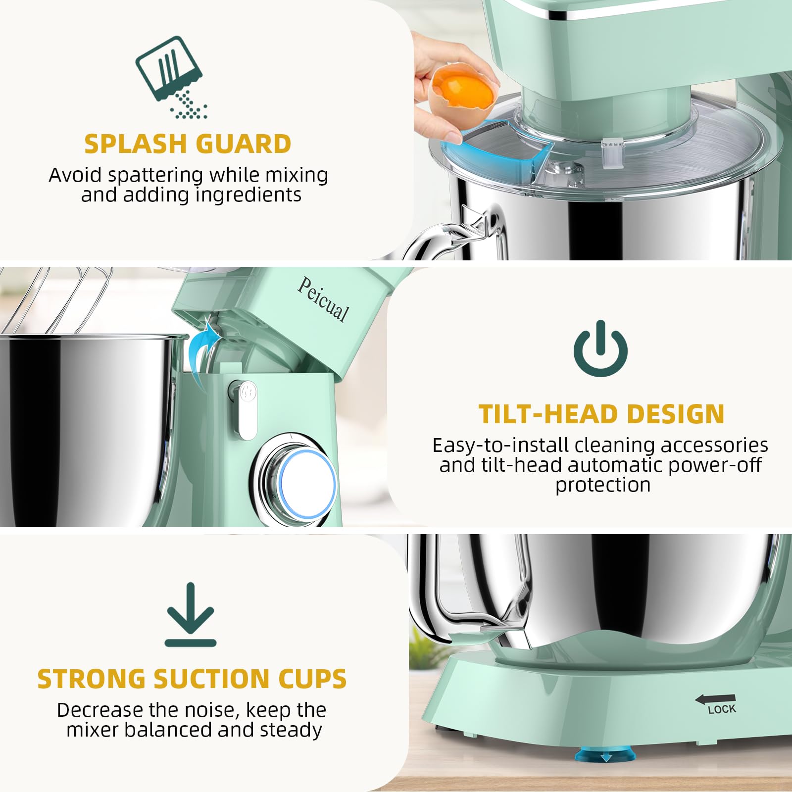 6QT 10-Speed Tilt-Head Stand Mixer with Stainless Steel Bowl - Dough Hook, Flat Beater & Wire Whisk Included - Perfect for Baking Bread, Cakes & Cookies - Green Kitchen Electric Mixer for Home Bakers