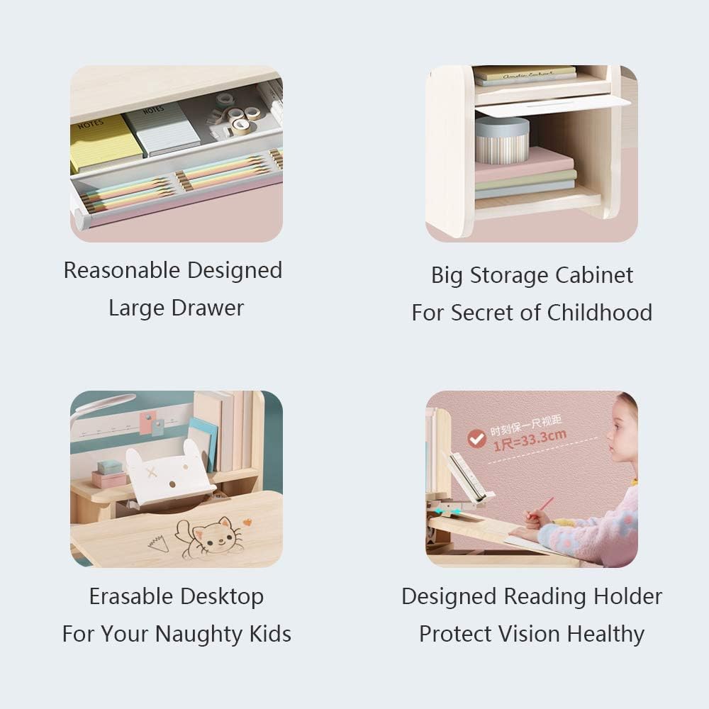 FCD Kids Desk - Adjustable Wooden Study Desk for Students with Tilt Desktop, Tablet Holder & Storage | Ergonomic Multi-Function Workstation for Homework, Drawing & Computer Use | Pink Children's Study Table with Bookshelf & Drawers | Perfect for Bedroom, Homeschool & Small Spaces
