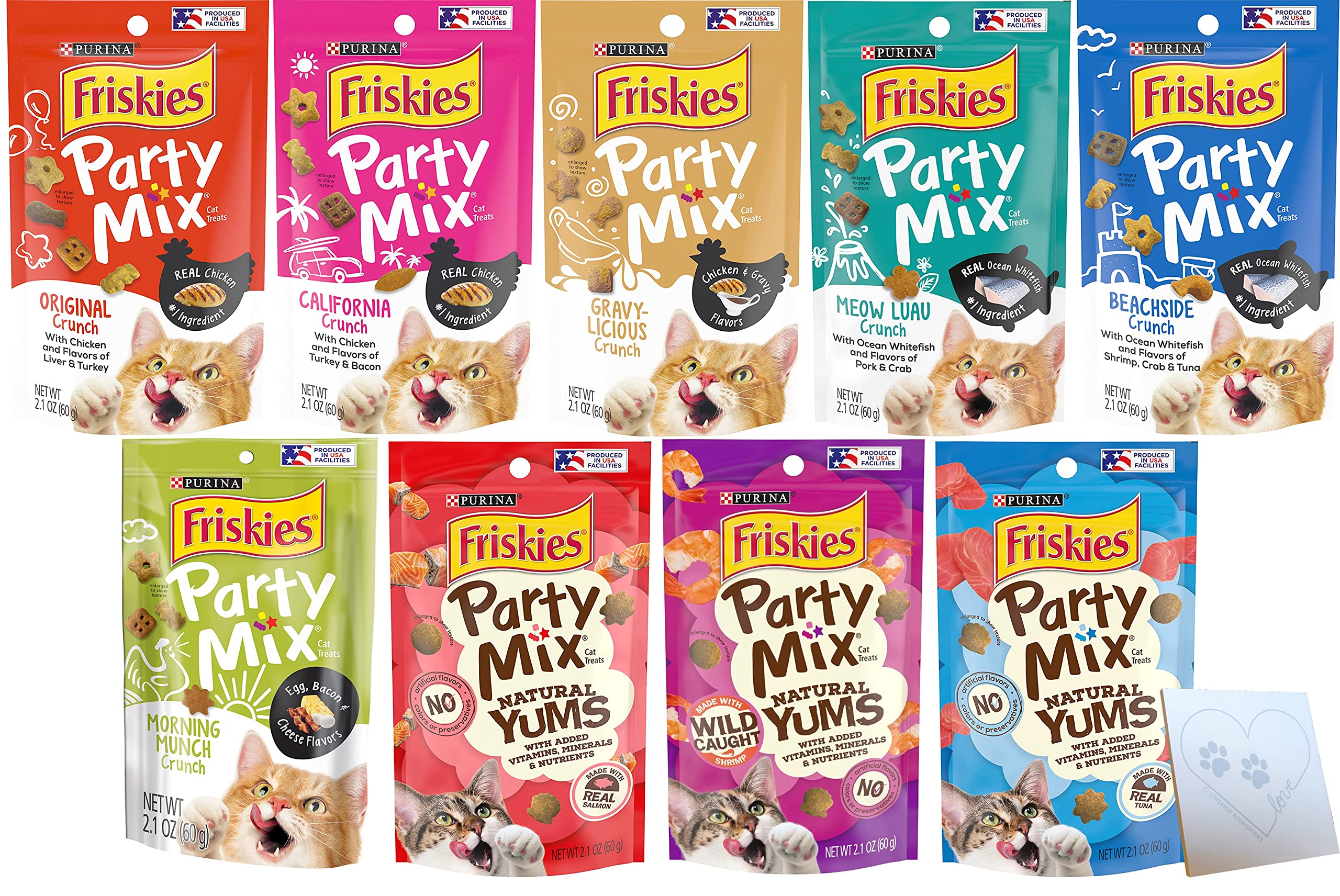 Friskies Party Mix Cat Treats Variety Pack - 9 Flavors Including Chicken & Liver, Whitefish & Crab, Tuna, Salmon, Shrimp | 18.9oz Total (2.1oz Each) + Free Pet Paws Notepad | Perfect for Training, Rewards & Snack Time