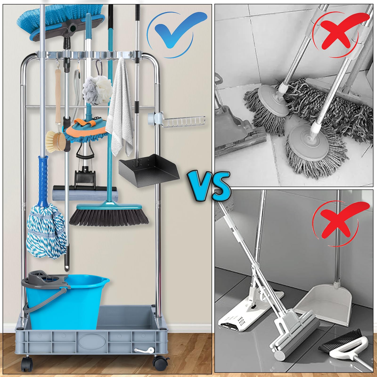 KYDIFS 10-Rack Broom Holder & Closet Organizer - Heavy Duty Cleaning Supplies Storage Cart for Garage, Garden, Cabinet & Home Organization - Perfect for Mops, Brooms, Rakes & Cleaning Tools Storage