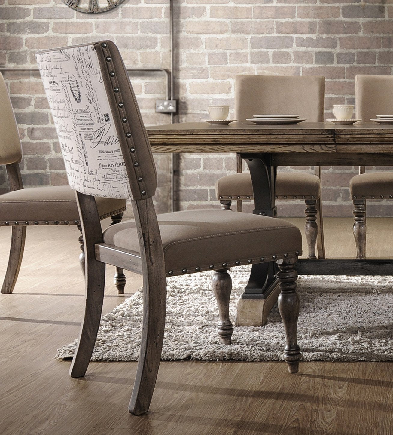 Roundhill Furniture Birmingham Script Printed Driftwood Finish Dining Chair with Nailhead Trim - Set of 2 - Farmhouse Style Kitchen & Dining Room Seating for Home Decor