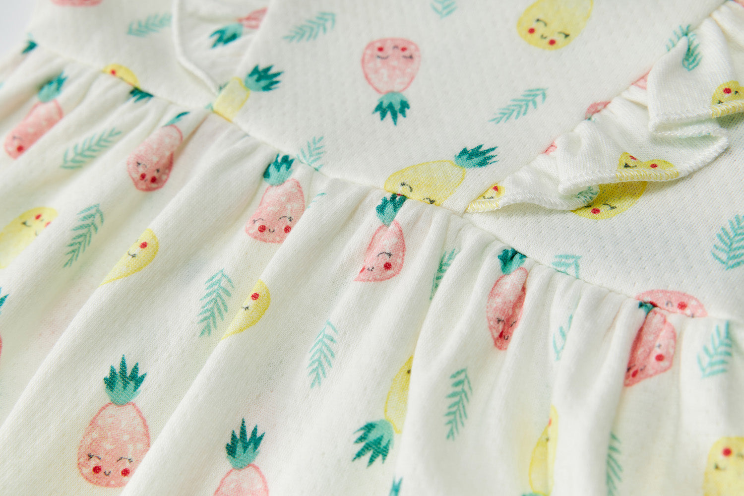 Adorable Baby Girl Short Sleeve Ruffled Bodysuit Dress - White with Pineapple Print | Perfect for Summer Outfits, Photoshoots & Special Occasions