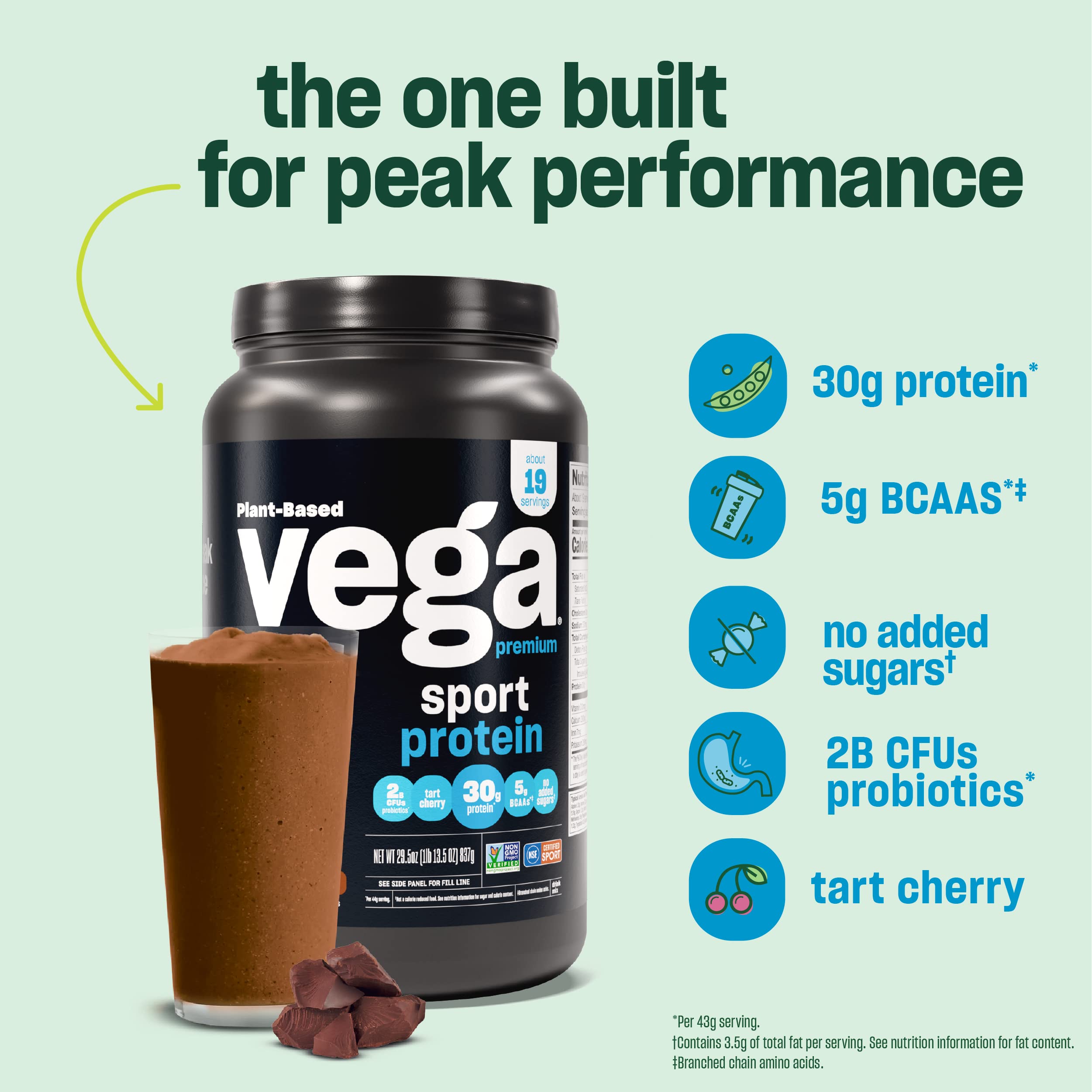 Vega Sport Premium Vegan Protein Powder - Chocolate Flavor, 30g Plant-Based Protein, 5g BCAAs, Low Carb, Keto-Friendly, Dairy-Free, Gluten-Free Pea Protein for Men & Women (12 x 1.6 oz Packets) | Post-Workout Recovery & Muscle Building Supplement
