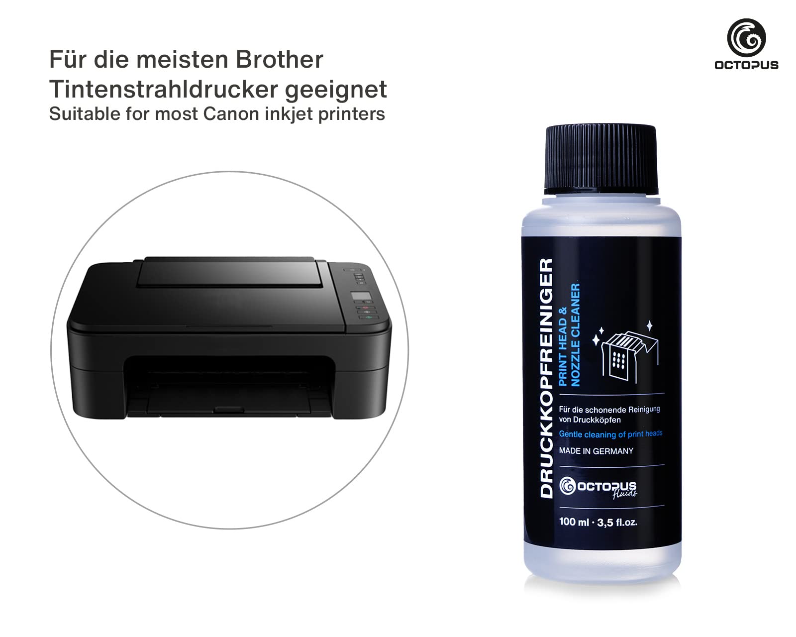 Octopus Nozzle Cleaner - Printhead Cleaner for Brother Printers with Hose Adapters (100ML) | Printer Maintenance Solution for Home & Office Use