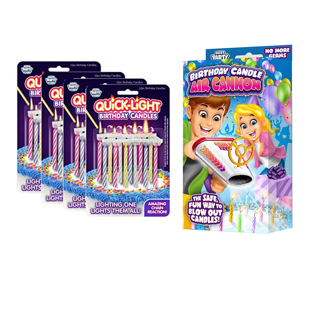 Quick Light Birthday Candles 4-Pack (48 Candles) with Air Cannon for Fun Party Blowouts