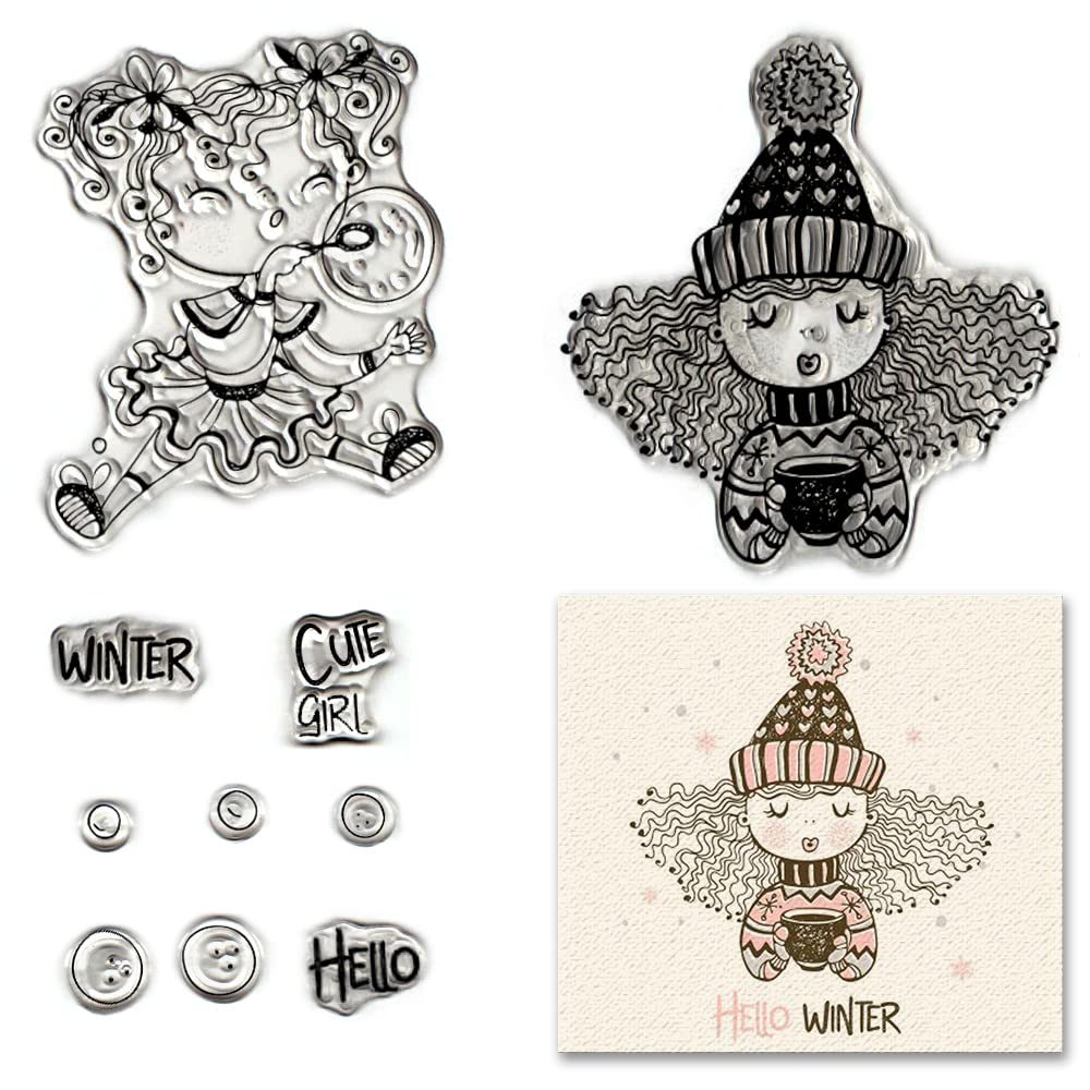 2 PCS Princess Girl Clear Stamps for Card Making - Hello Winter Words Transparent Rubber Stamps, Cute Dress Silicone Stamps for DIY Scrapbooking, Photo Albums & Craft Decorations - Perfect for Winter Greeting Cards, Holiday Crafts & Kids Art Projects