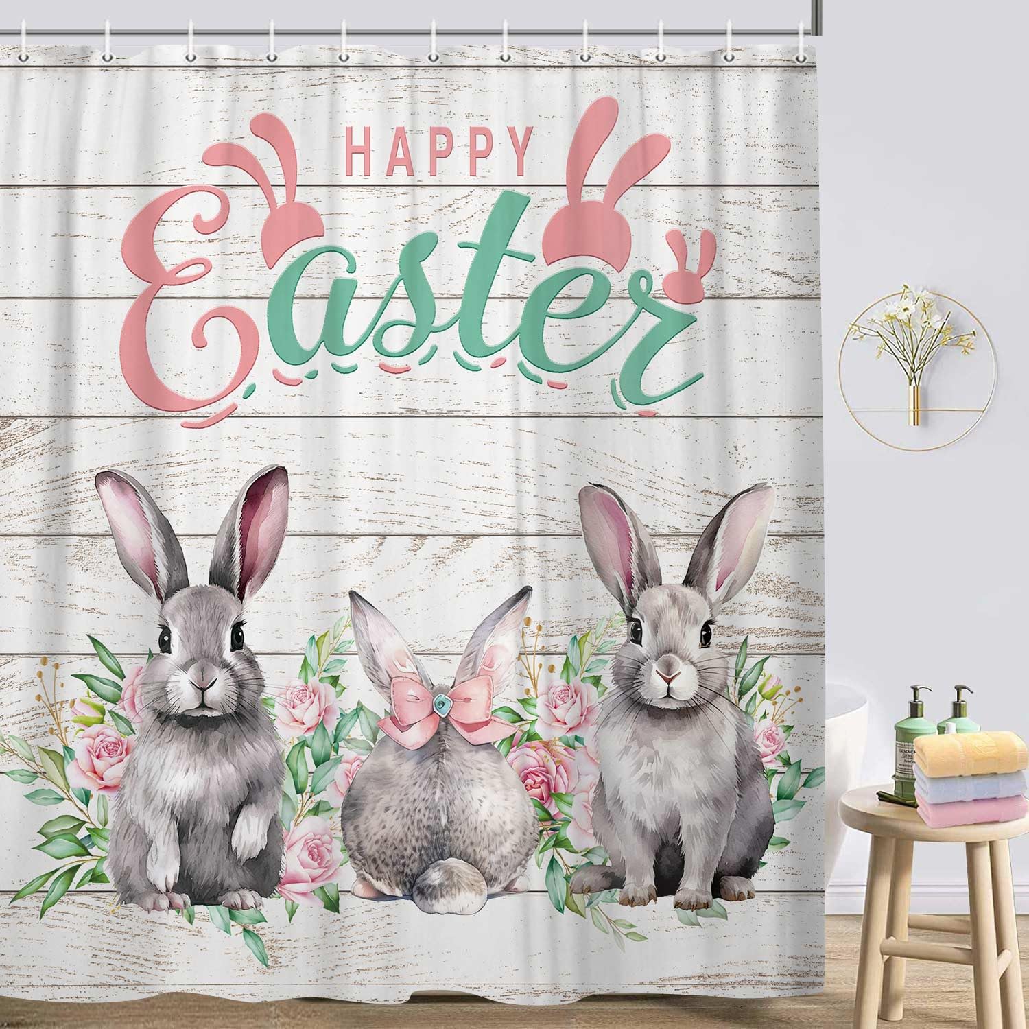 JAWO Easter Rabbit Shower Curtain - Funny Gray Bunny Design on Rustic Wooden Background, Farmhouse Spring Holiday Bathroom Decor with Hooks, 69x70 Inches - Perfect for Easter Decorations, Farmhouse Bathroom Themes, and Seasonal Home Refresh