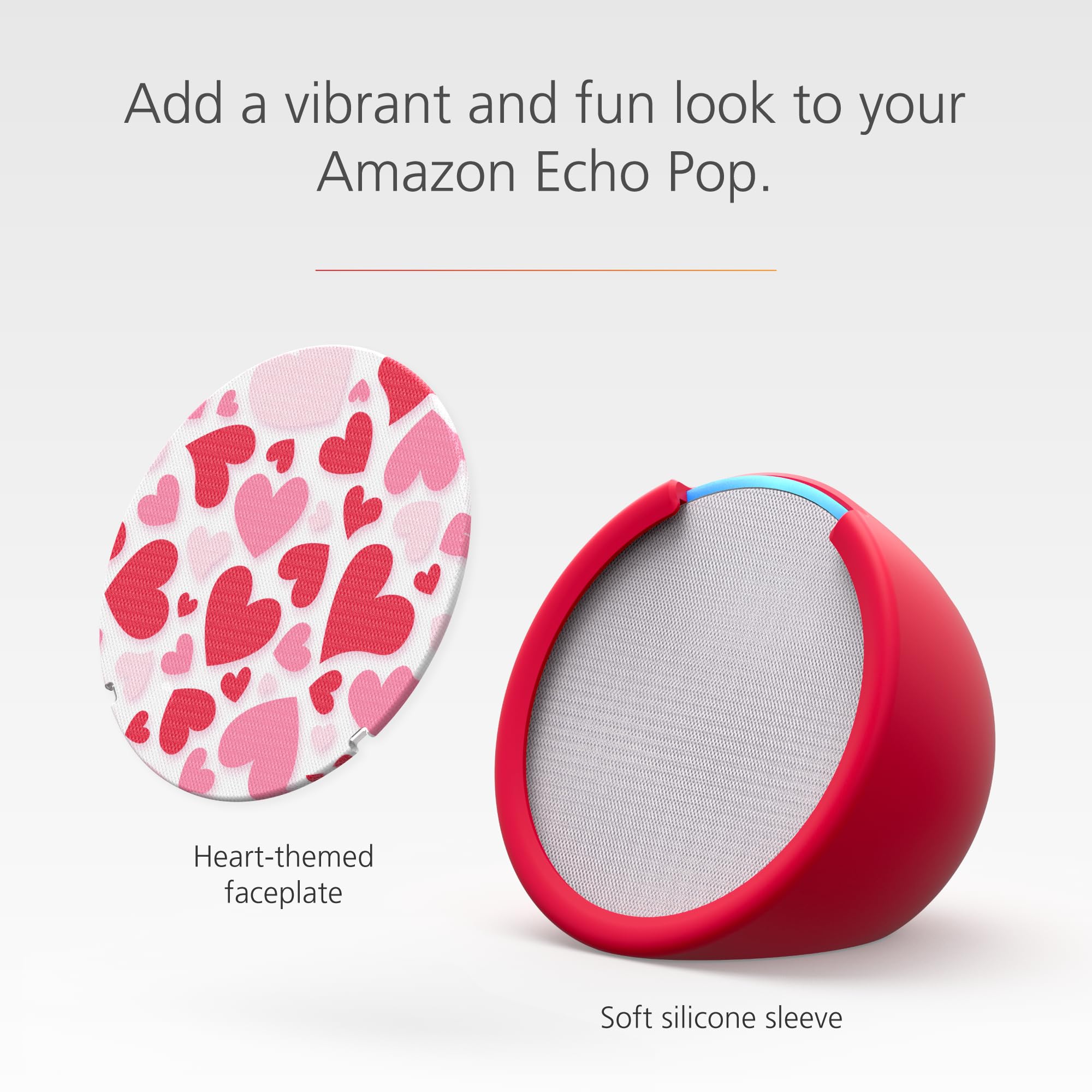 Echo Pop Smart Speaker Bundle with Glacier White Finish - Includes Amazon Sleeve & Hearts Faceplate | Perfect for Home, Office & Dorm Room | Alexa Enabled for Music, Smart Home Control & More