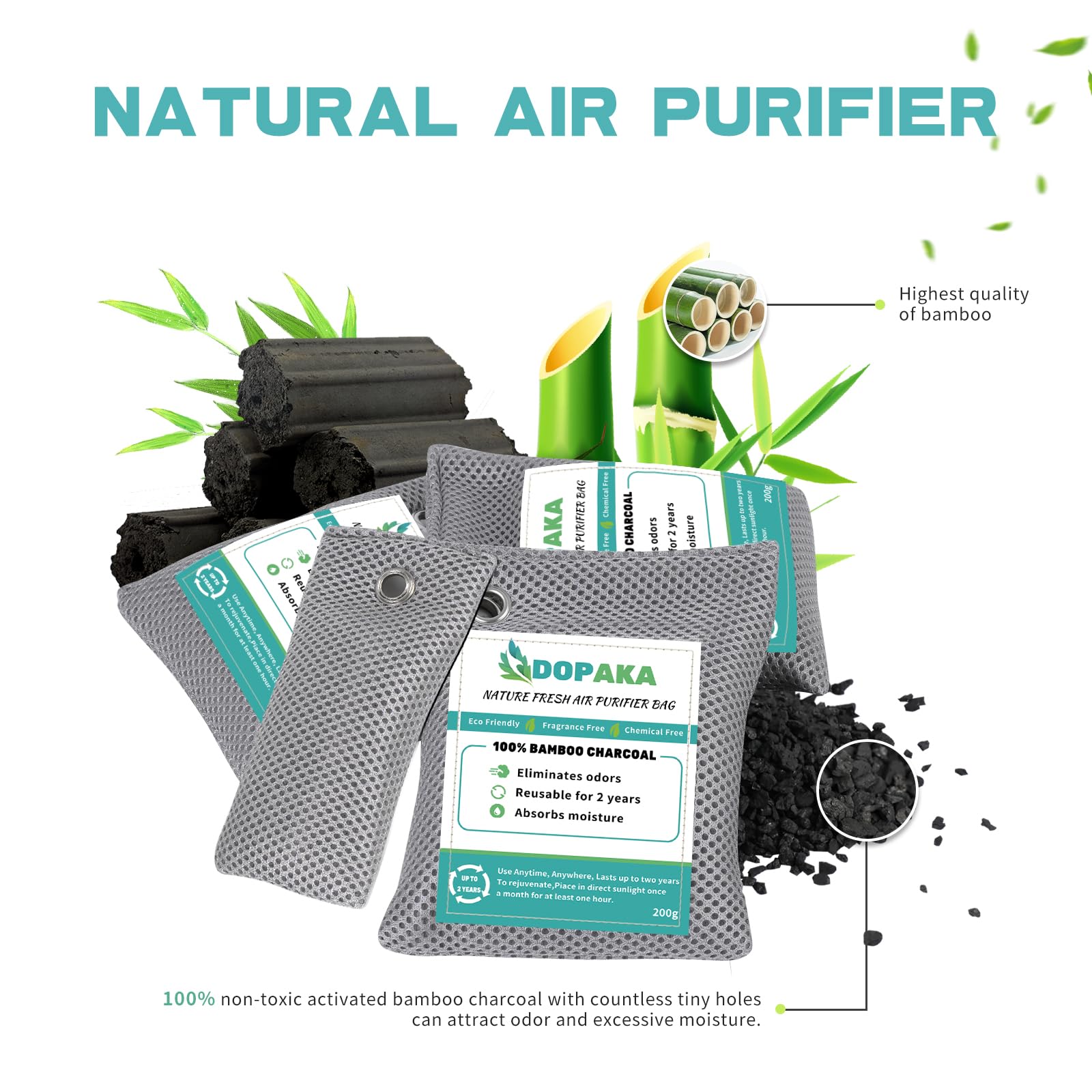 6 Pack Activated Charcoal Odor Absorber Bags - Natural Bamboo Charcoal Air Purifier for Home, Closet, Shoes & Car | Eliminates Odors, Moisture & Freshens Air | Ideal for Pet Areas, Gym Bags & Musty Spaces