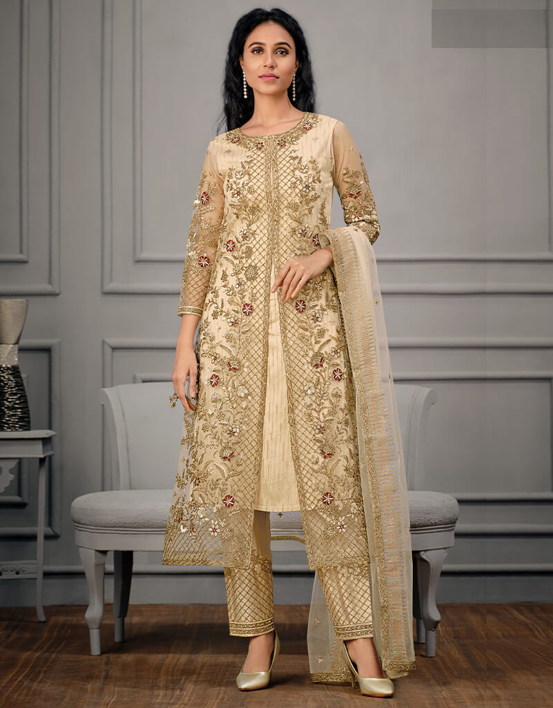 Beige Soft Net Pant Salwar Suit - Elegant Indian Ethnic Outfit for Women | Perfect for Weddings, Festivals & Special Occasions