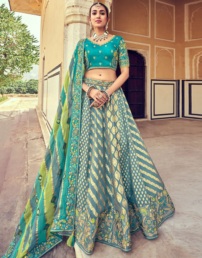 Elegant Aqua Art Silk Lehenga Choli Set for Women | Traditional Indian Bridal & Wedding Outfit | Perfect for Festivals, Parties & Cultural Events
