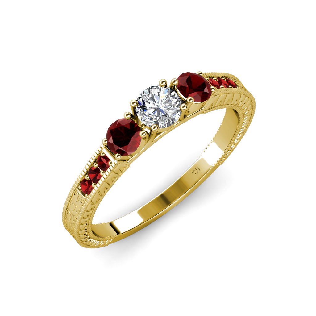14K Yellow Gold Diamond & Red Garnet 3-Stone Ring - 0.89cttw Vintage Style Jewelry for Anniversary, Engagement & Special Occasions