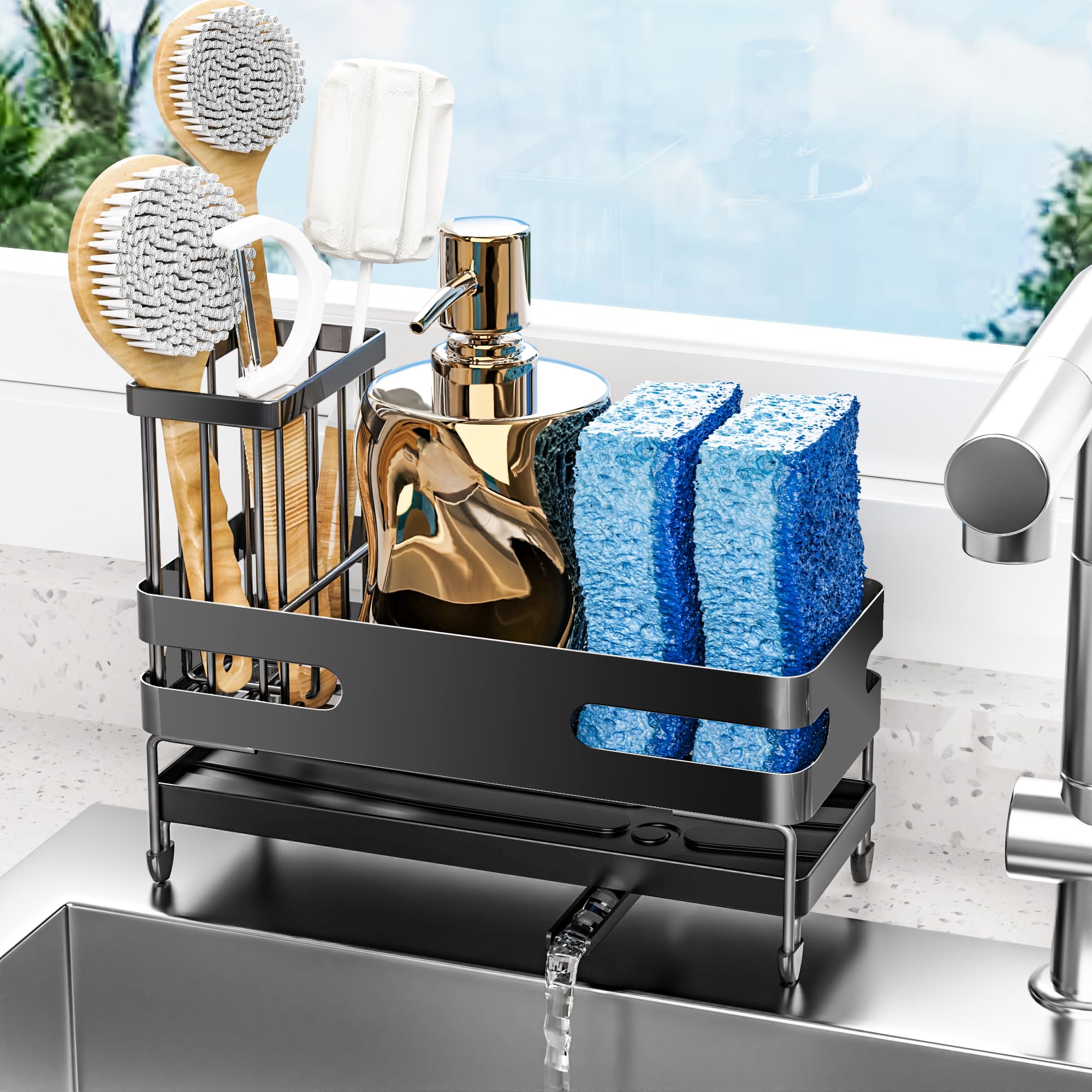 Stainless Steel Kitchen Sink Organizer with Sponge Holder, Brush Holder & Self-Draining Tray - Rustproof Sink Caddy for Sponges & Cleaning Tools - Perfect for Kitchen Organization & Sink Accessories (Black, Large) - Ideal for Keeping Sinks Clean & Organized While Preventing Rust & Water Stains