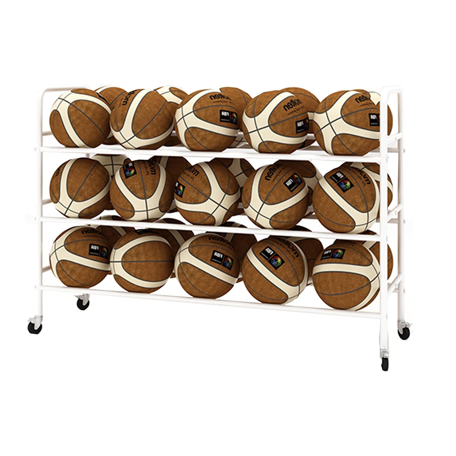 3-Tier Rolling Sports Ball Storage Cart - Metal Basketball & Equipment Organizer for Garage, Gym, Playroom - Heavy Duty Multi-Layer Ball Holder (3 Layers, White) - Perfect for Organizing Basketballs, Soccer Balls, Volleyballs & Sports Gear