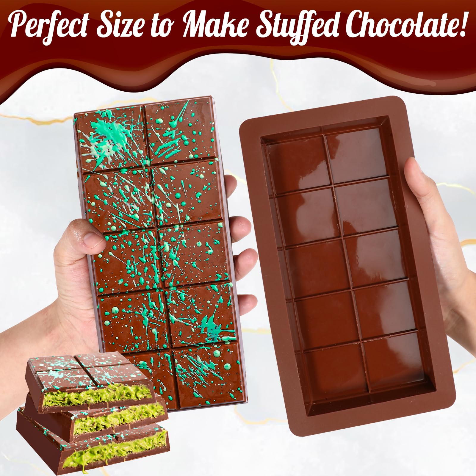 Webake 2-Pack Deep Chocolate Bar Molds - 1 Inch Thick Large Silicone Molds for Stuffed Chocolate Bars, Candy Making & Knafeh Pistachio Filling - Perfect for Homemade Treats, Baking & Gift Giving