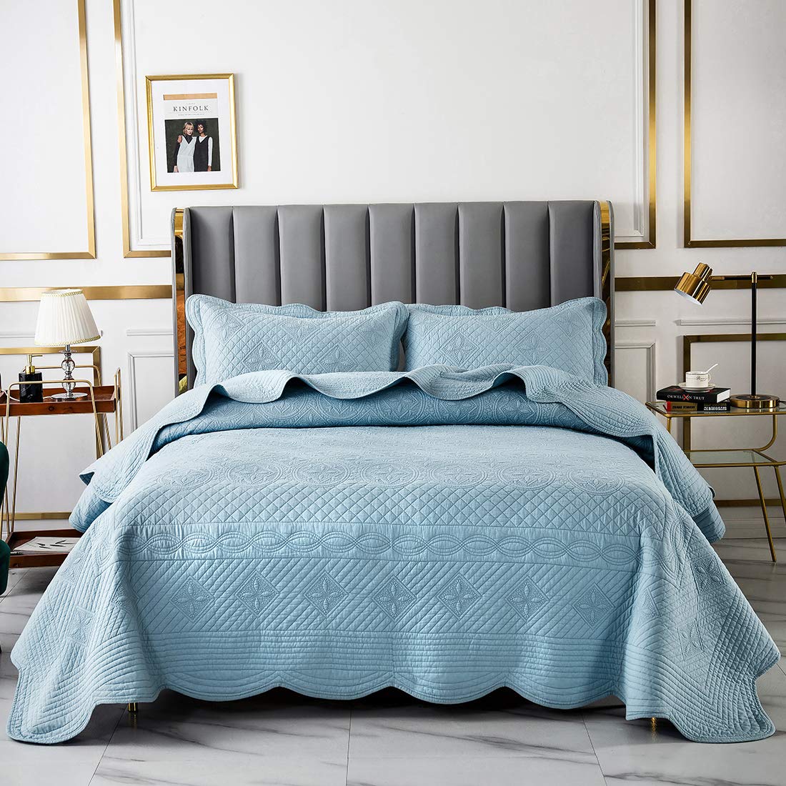 VCTOPS 3-Piece 100% Cotton Solid Quilt Set - Oversize Queen Embroidered Reversible Lightweight Quilted Coverlet Bedspread for All Seasons (Blue) | Soft & Breathable Bedding for Master Bedroom, Guest Room & Dorm Decor