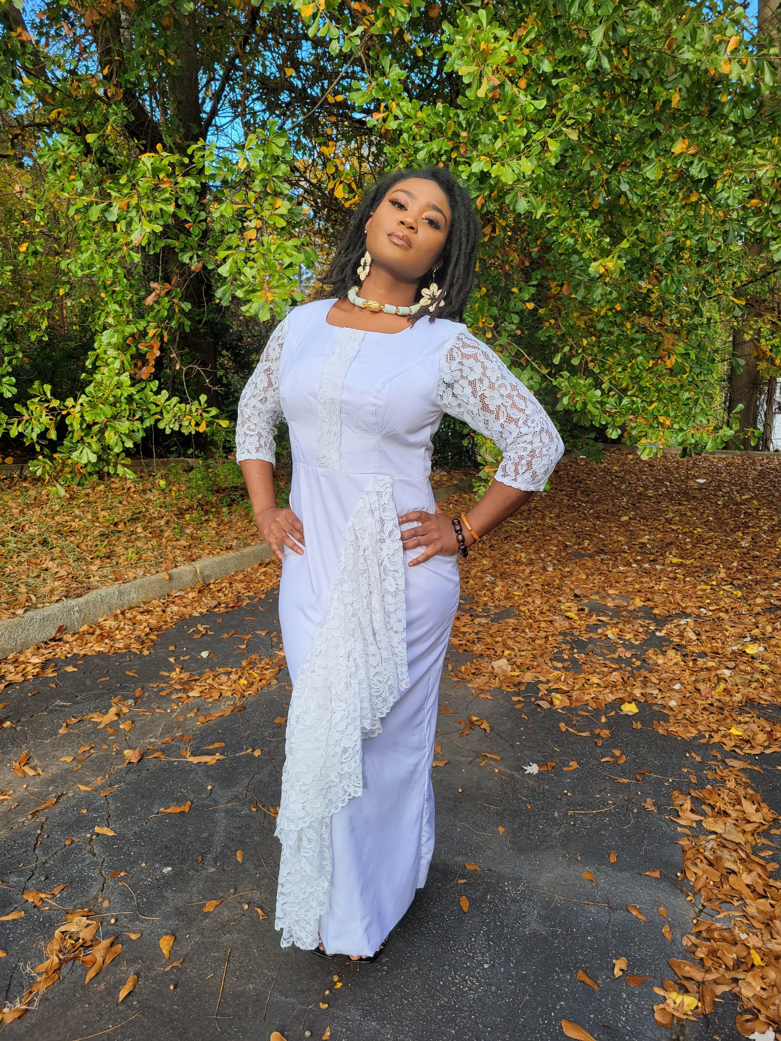 Ayabawa Elegant White African Dress with Lace Trim - Traditional Ankara Midi Dress for Women | Perfect for Weddings, Church, Parties & Cultural Events (Style DP7020)