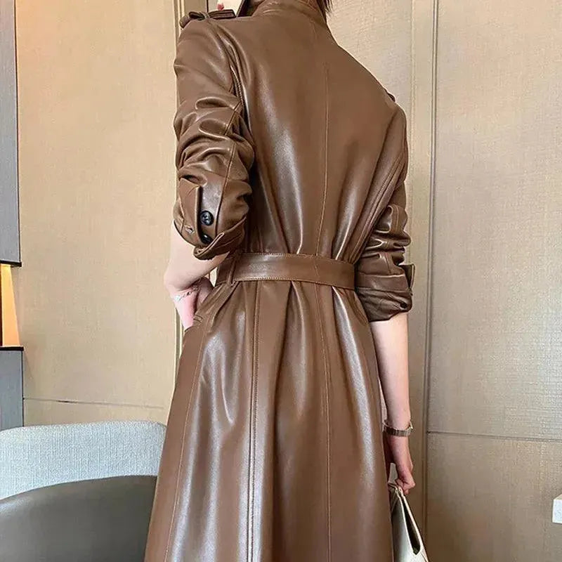 Genuine Leather Women's Trench Overcoat - Waterproof Winter Long Coat with Belt, Classic Elegant Outerwear for Office, Dating & Formal Occasions