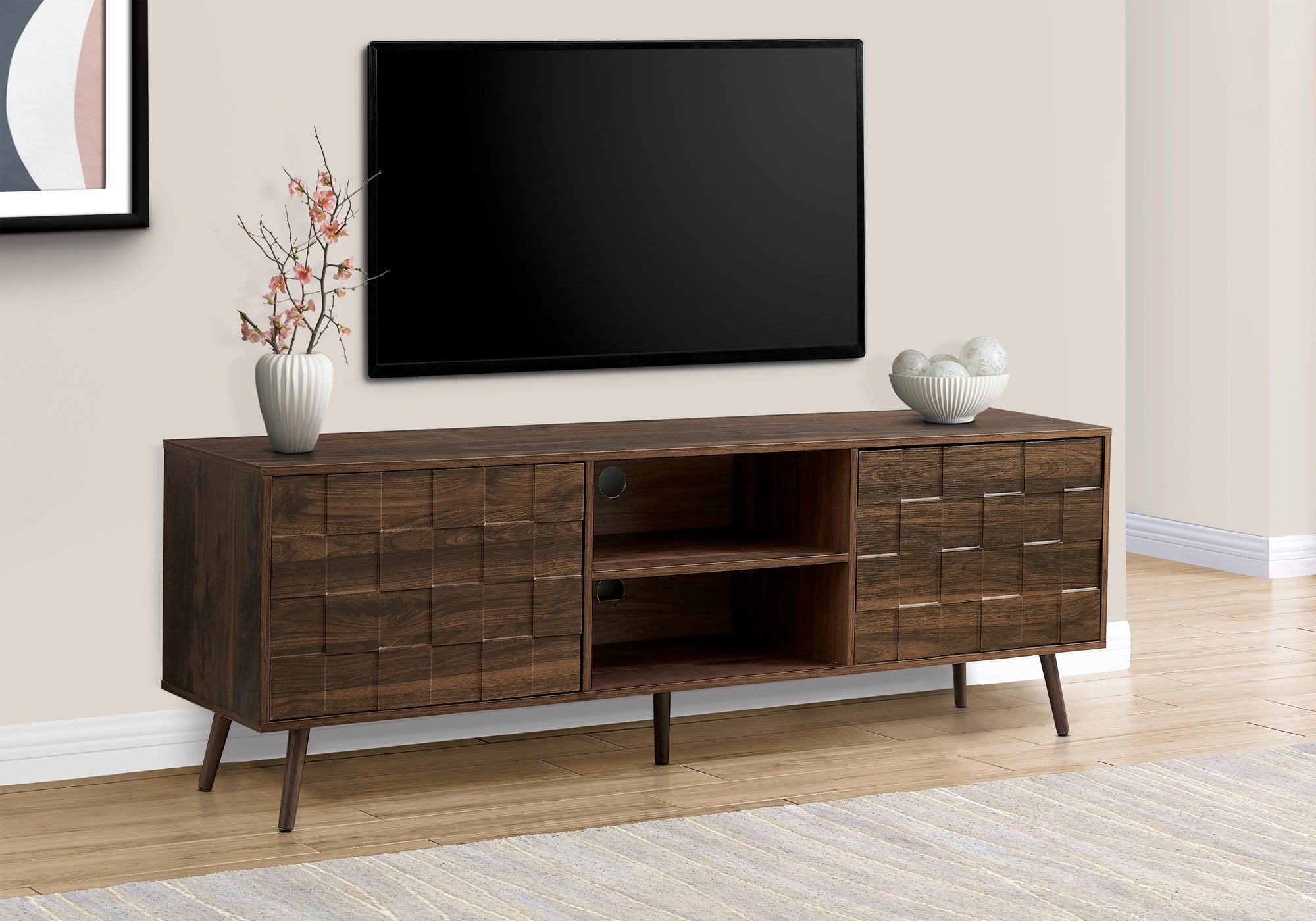 72 Inch Walnut Laminate TV Stand Console - Mid Century Modern Media Storage Cabinet with Shelves for Living Room & Bedroom - Perfect for Entertainment Centers, Home Theater Setup & Stylish Home Decor