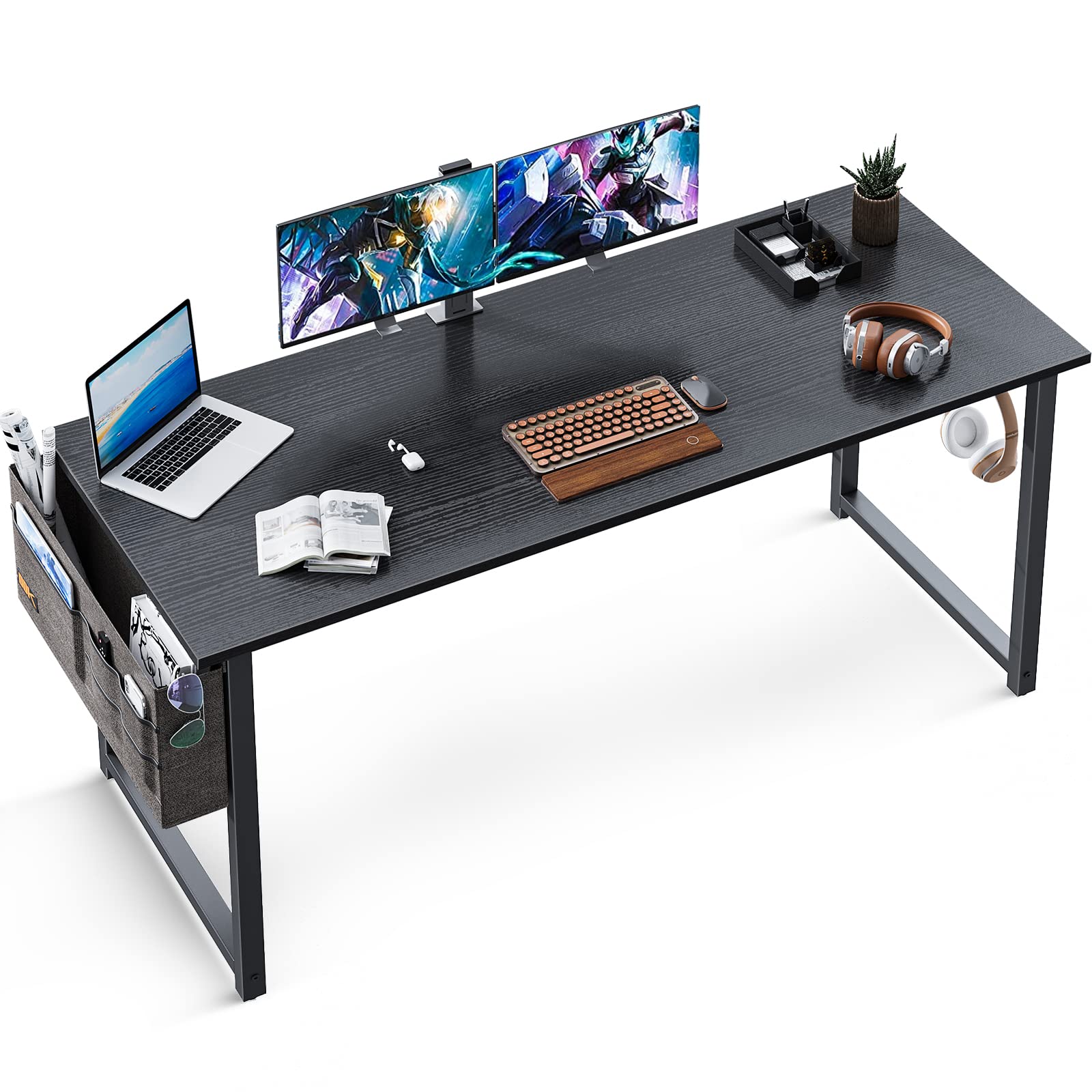 ODK 55 Inch Computer Writing Desk - Sturdy Home Office Work Table with Storage Bag & Headphone Hook, Black - Perfect for Small Spaces, Gaming Setup, and Remote Work