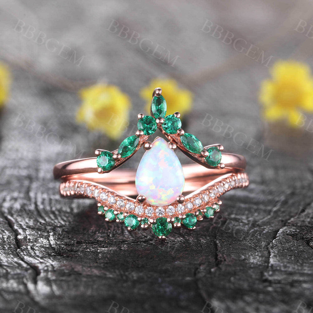 14K Rose Gold Opal Emerald Engagement Ring Set - Unique Stacking Band for Women, Perfect for Anniversaries, Weddings & Special Occasions
