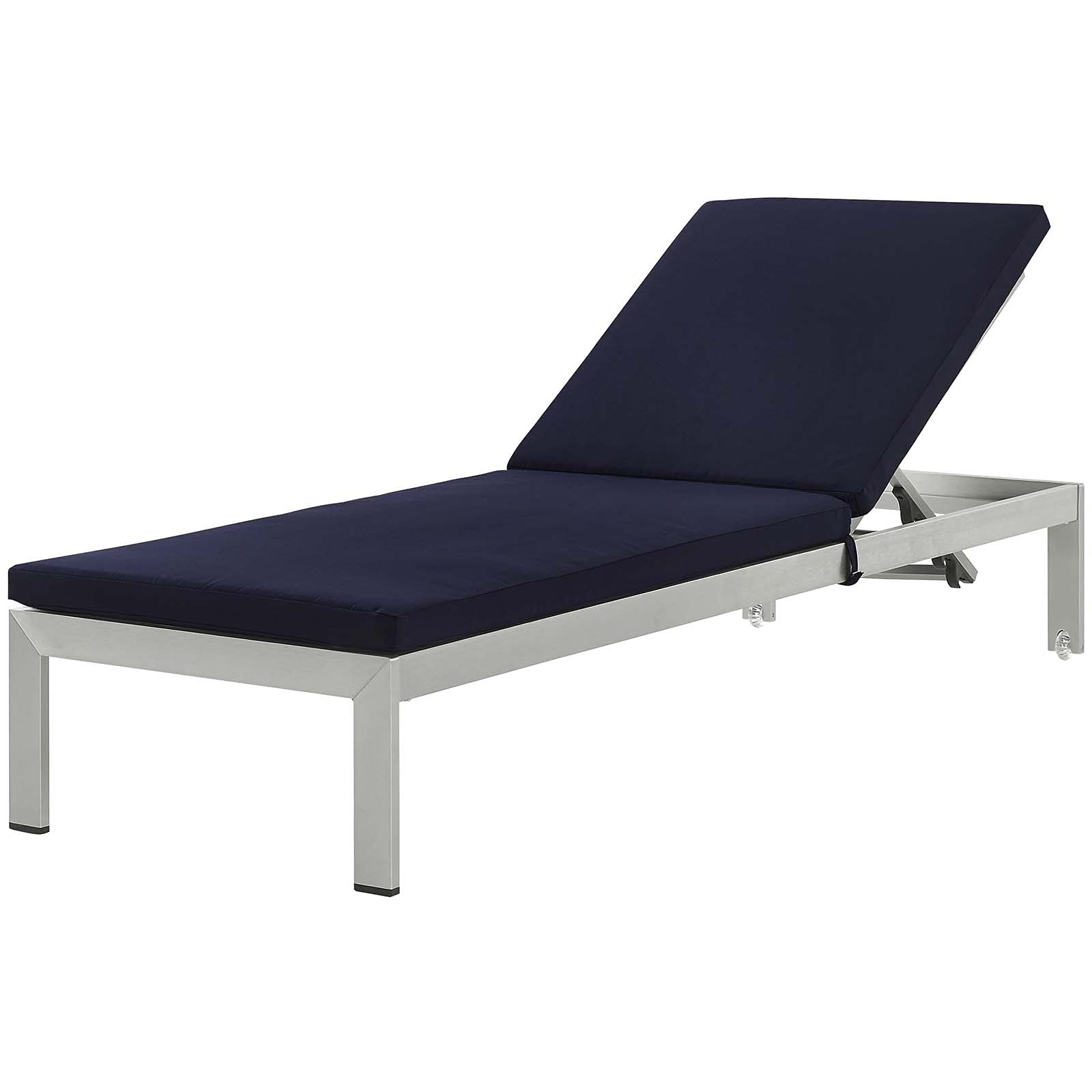 Modern Aluminum Lounge Chair Chaise in Silver Blue Navy - Durable Metal Outdoor Patio Furniture for Balcony, Cafe, Bistro, and Poolside Relaxation
