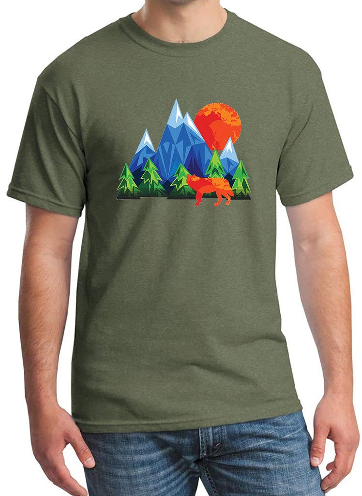 Men's Geometric Wolf Print Military Green C4 T-Shirt - Stylish Casual & Outdoor Wear for Men