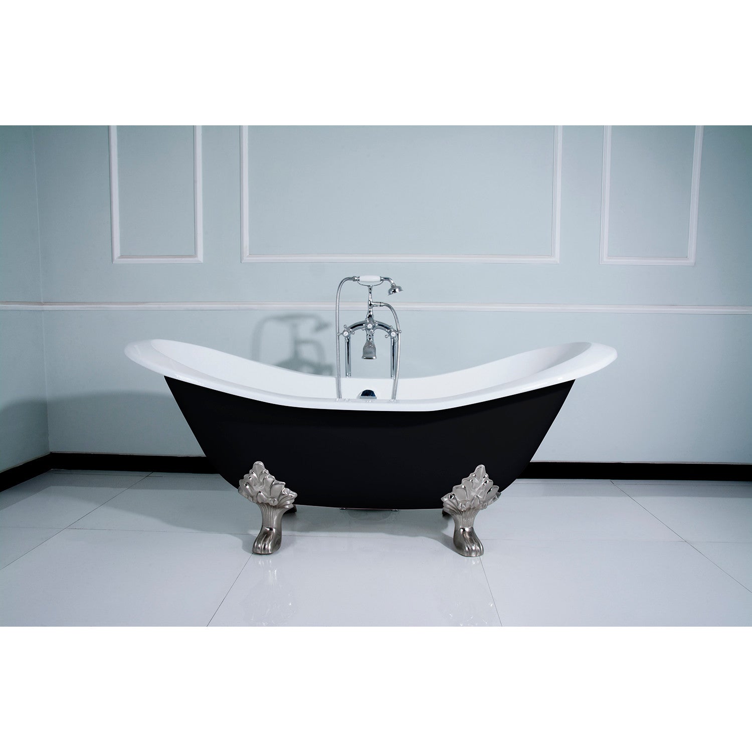 Aqua Eden 72 Inch Cast Iron Oval Double Slipper Clawfoot Bathtub - No Faucet Drillings, Black/White/Brushed Nickel - Vintage Freestanding Soaking Tub for Bathroom Remodel & Luxury Spa Retreat