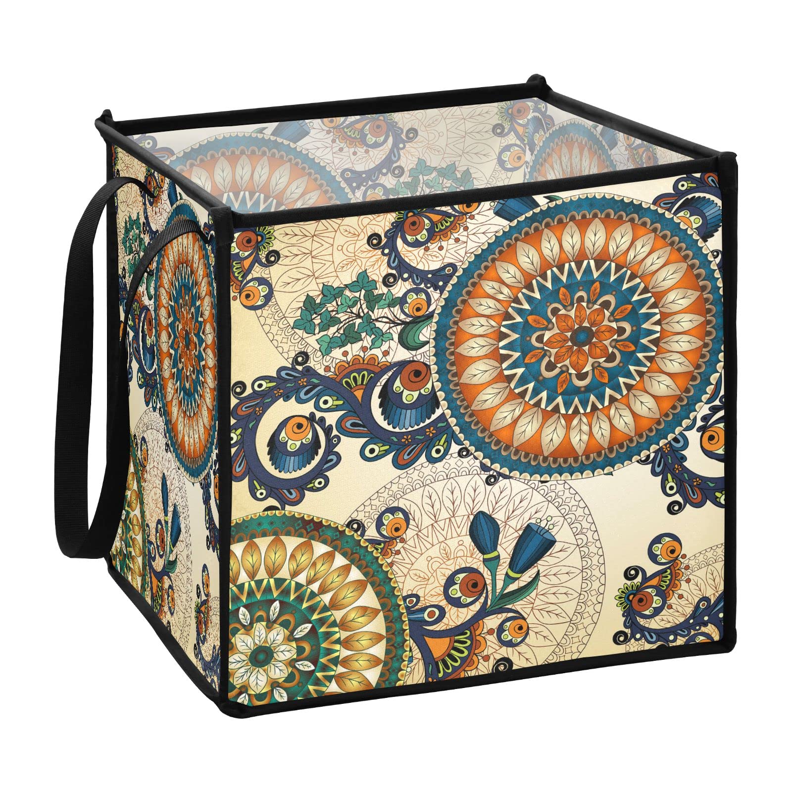 Ethnic Abstract Vintage Floral Collapsible Fabric Storage Bins - 13x13x13 Inch Foldable Cloth Cube Organizer with Handles for Toys, Nursery, Shelves & Closet | Perfect for Home Organization, Kids' Room Decor & Seasonal Storage