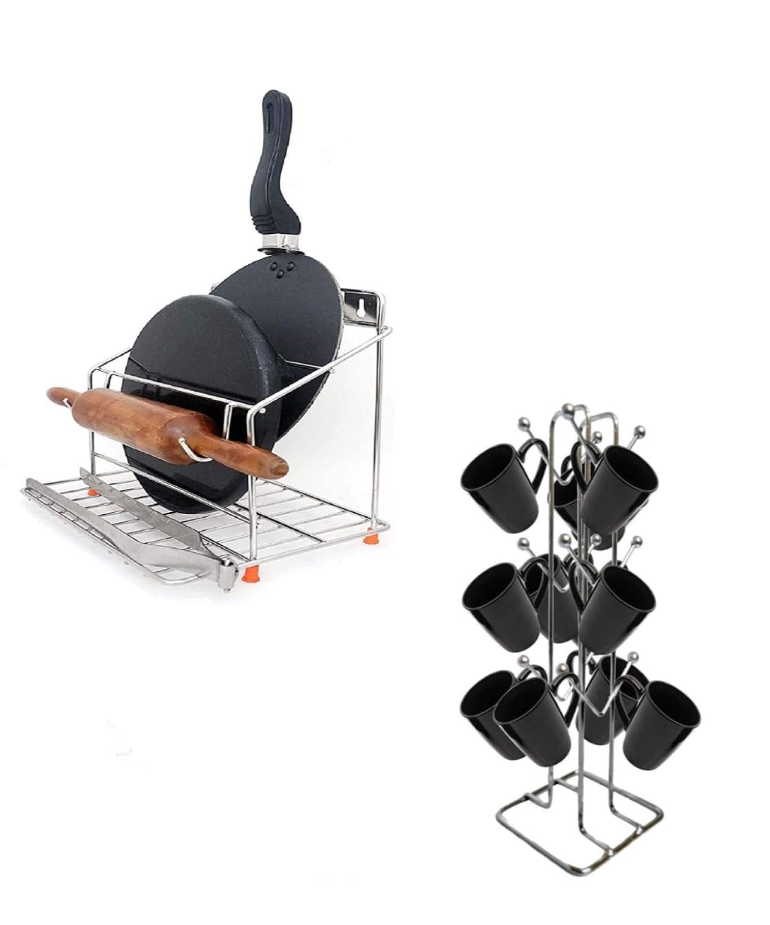NH10 DESIGNS 4-in-1 Stainless Steel Kitchen Organizer - Cup Stand, Mug Holder, Chakla Belan & Tawa Stand (Pack of 2) | Perfect for Coffee, Tea & Indian Cooking Utensils | Space-Saving Kitchen Countertop Solution