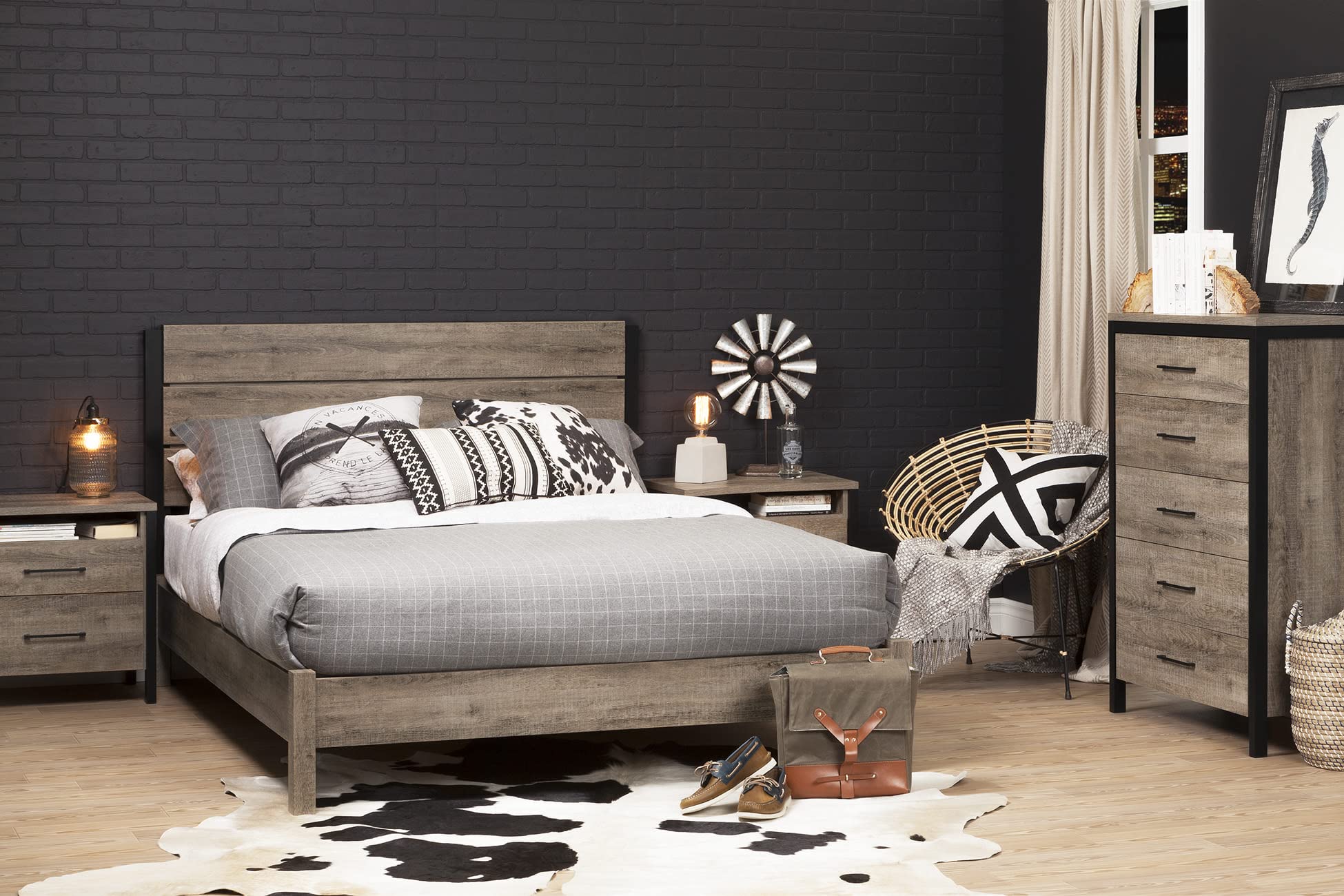 South Shore Munich 2-Drawer Nightstand - Weathered Oak & Matte Black Finish with Metal Handles - Modern Bedside Table for Bedroom, Guest Room, or Nursery - Perfect for Storage & Organization