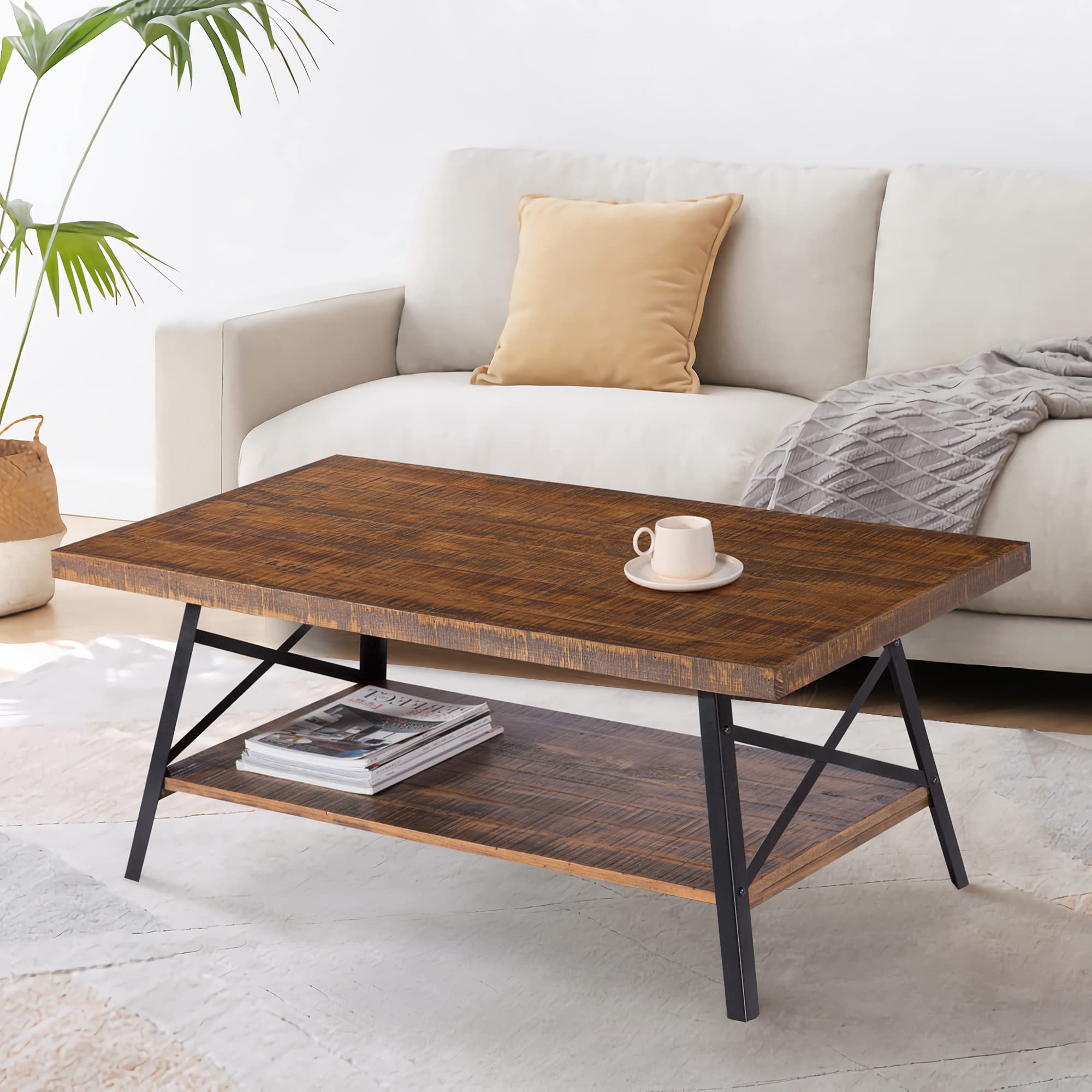 Olee Sleep Rustic Brown Cocktail Table with Sturdy Metal Legs - Perfect for Living Room, Lounge, and Small Space Decor