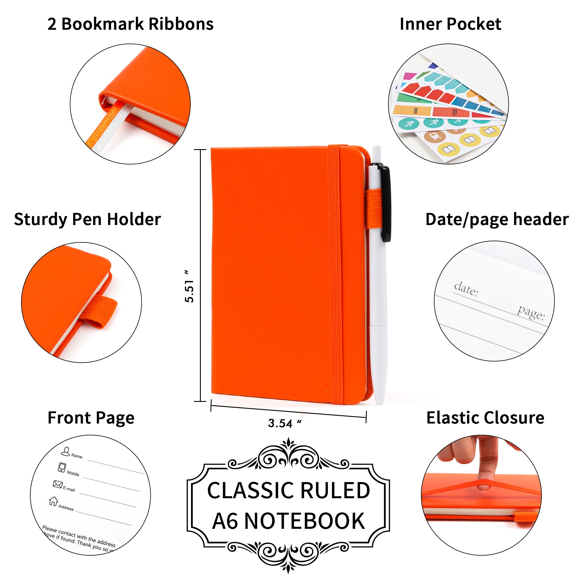 feela 6-Pack Mini Pocket Notebooks - Small Hardcover Memo Notepads with Pen Holder, College Ruled Lined Journals (3.5”x5.5” A6 Size) - Includes 6 Black Pens - Perfect for School, Office, Business Notes & Daily Journaling - Orange