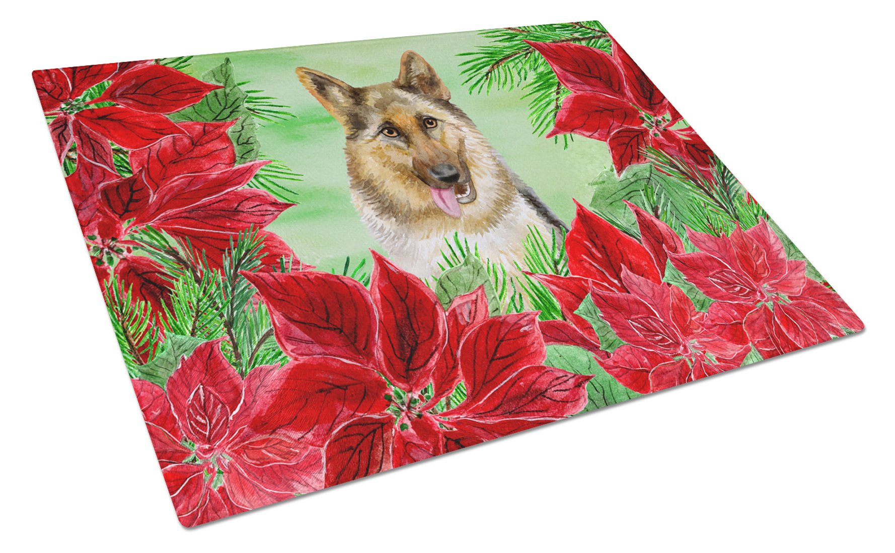 German Shepherd Poinsettia Tempered Glass Cutting Board - Large Decorative Kitchen Chopping & Serving Board - Perfect for Holiday Entertaining, Food Prep & Display (CK1302LCB)