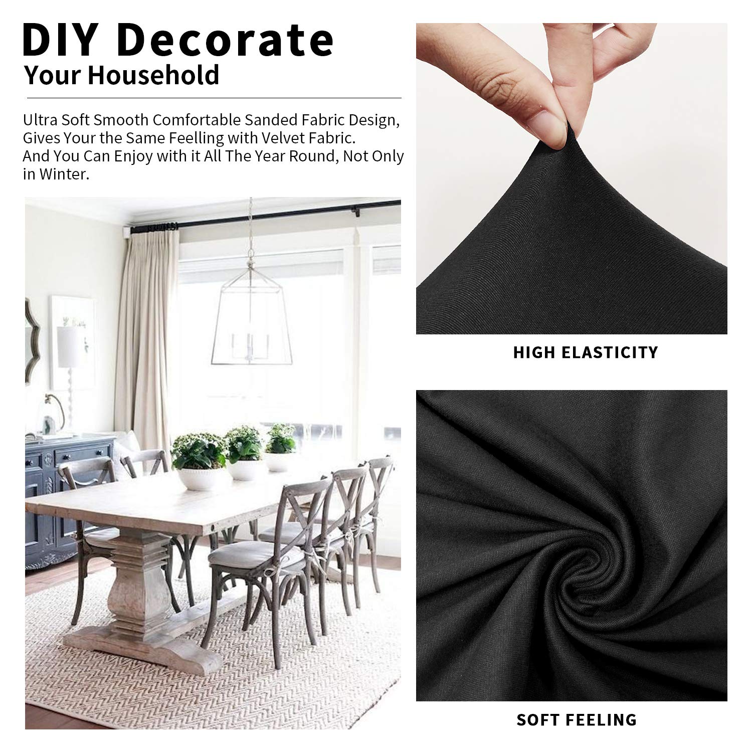 Premium Stretch Dining Chair Seat Covers (4-Pack) - Breathable Fabric Protectors with Secure Ties for Kitchen & Dining Room Chairs - Black - Perfect for Everyday Use & Special Occasions