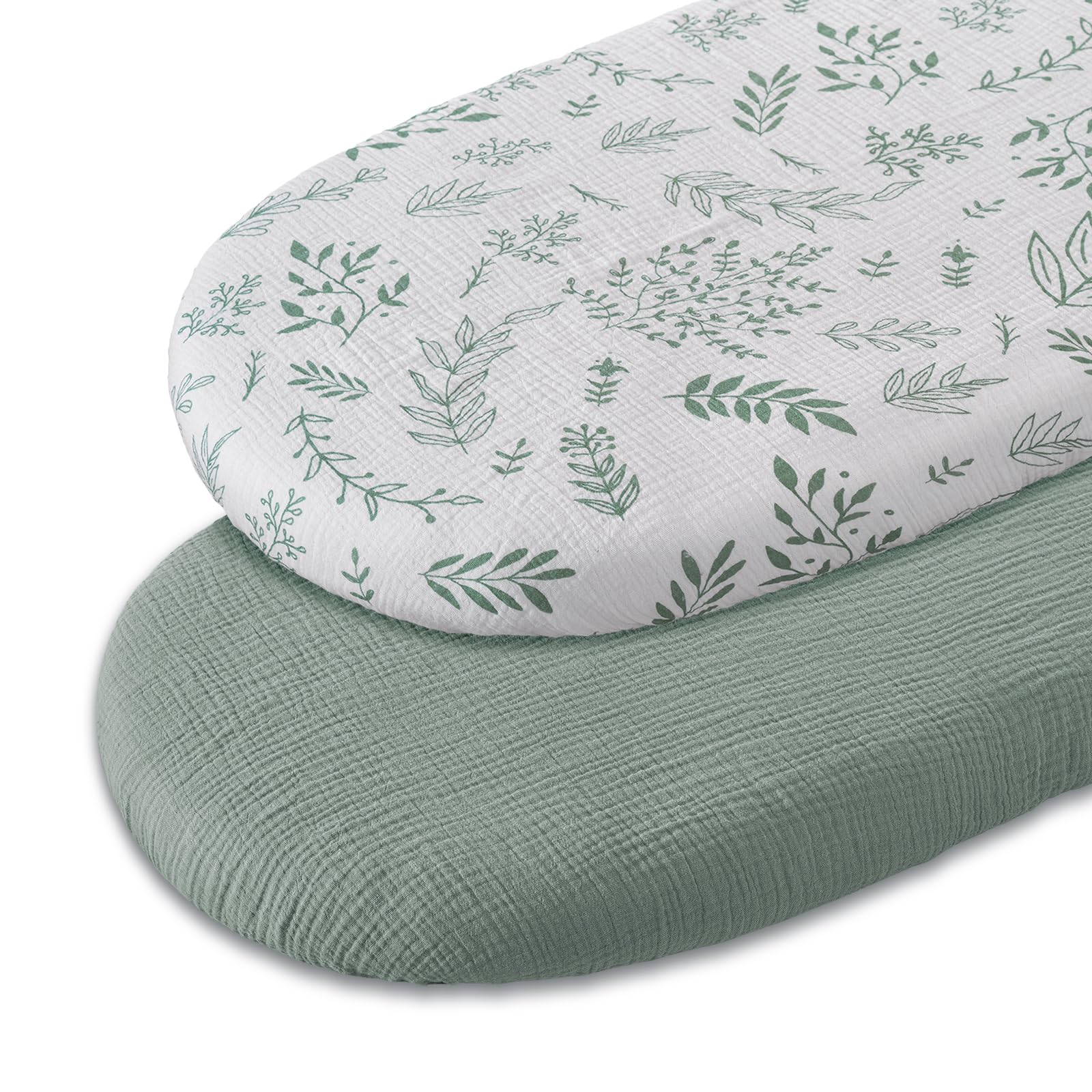 Organic Muslin Bassinet Fitted Sheets - 2 Pack Soft Breathable Baby Crib Sheets for Boys & Girls - Stretchy Universal Fit for Hourglass, Oval & Rectangle Bassinet Mattresses - Natural Leaves Design - Perfect for Nursery, Daycare & Travel Use