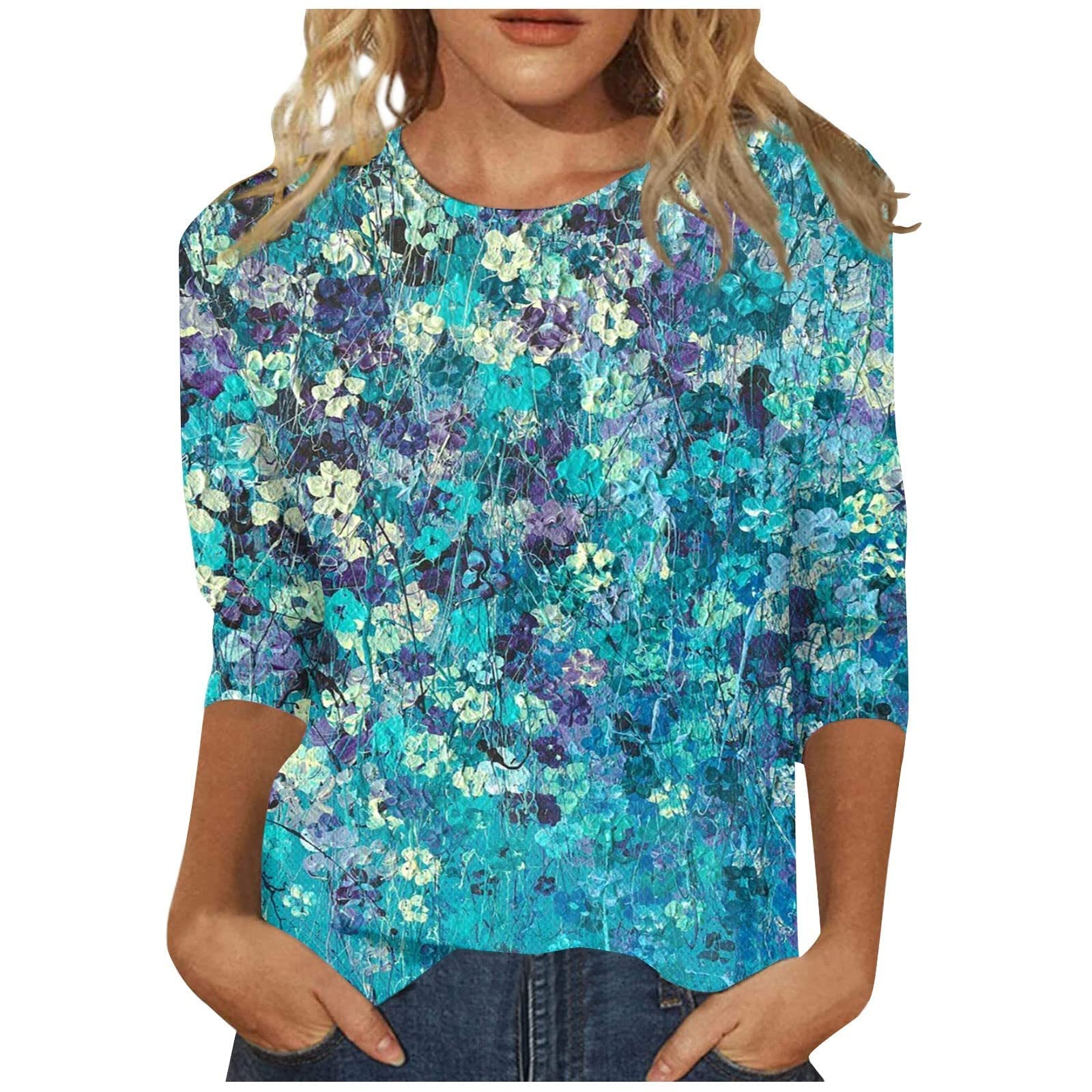 Floral Print V-Neck 3/4 Sleeve Tunic Tops for Women - Business Casual Loose Blouses & Work Shirts - Perfect for Office Wear, Spring Outfits & Everyday Comfort