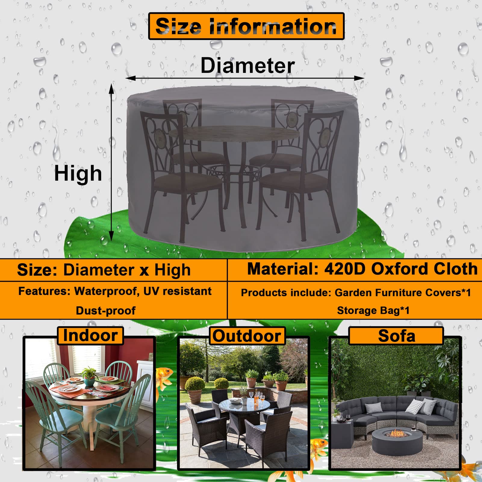 YSUEFIJO Waterproof 420D Oxford Fabric Patio Furniture Cover - 102x47in Round Table Cover, UV-Resistant & Tear-Resistant, Easy to Clean for Garden, Sofa, Dining Table & Chairs - Perfect for Outdoor Use in All Weather Conditions