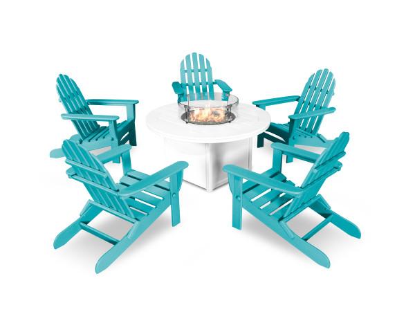 Polywood Classic Folding Adirondack 6-Piece Outdoor Patio Conversation Set with Fire Pit Table - Perfect for Backyard, Garden, and Poolside Relaxation