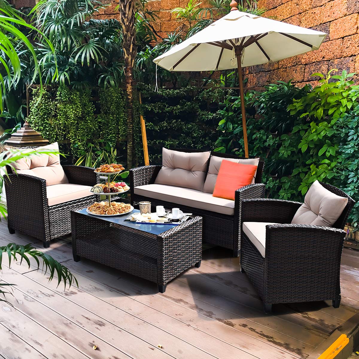 Tangkula 4-Piece Outdoor Patio Furniture Set - Rattan Wicker Chair Set with 1 Loveseat, 2 Single Sofas & Tempered Glass Coffee Table - Perfect for Backyard, Porch, Garden, Poolside & Outdoor Entertaining