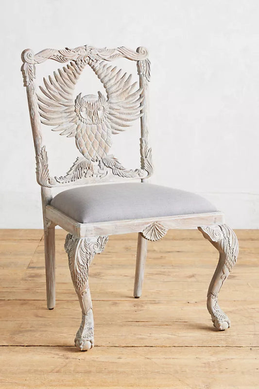 Hand Carved Whitewashed Owl Wooden Dining Chairs - Unique Animal Menagerie Design for Farmhouse, Rustic & Boho Home Decor - Perfect for Dining Rooms, Kitchens & Cottage Style Interiors