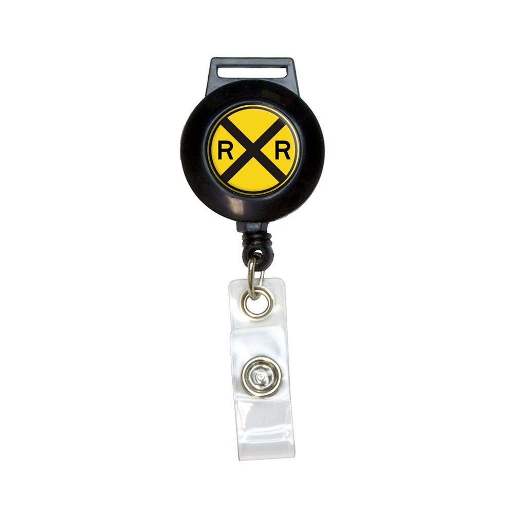 Retractable Badge Reel with Railroad Crossing Sign - Durable ID Card Holder for Train Enthusiasts & Safety Professionals | Perfect for Work, Conventions & Train-Themed Events