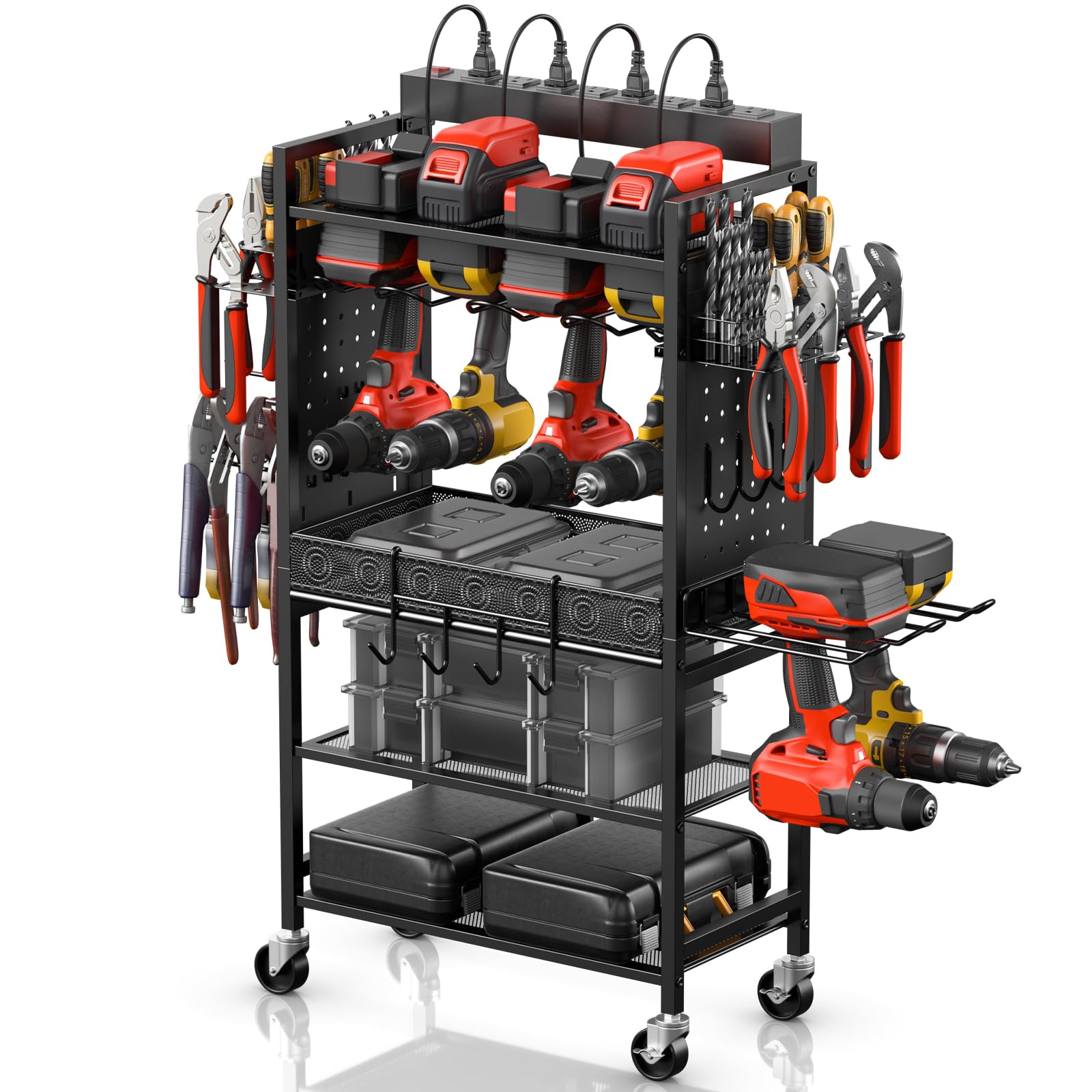 CCCEI Rolling Tool Cart with Charging Station - Mobile Garage Storage Organizer for Power Tools, Drills & Batteries - Heavy Duty Utility Cart with Wheels & Power Strip - Perfect for Mechanics, DIY Workshops & Home Garage Organization (Black)