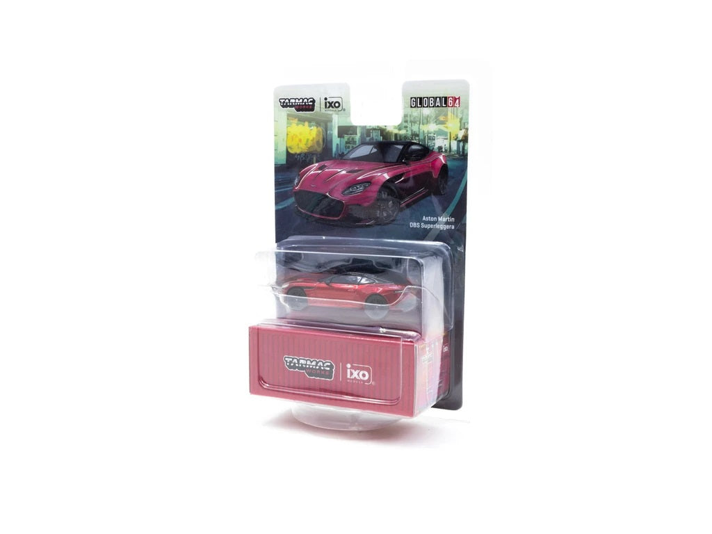 Tarmac Works 1:64 Scale Diecast Model Car - Aston Martin DBS Superleggera in Red Metallic Finish | Collectible Miniature Vehicle for Display, Gifts & Racing Enthusiasts