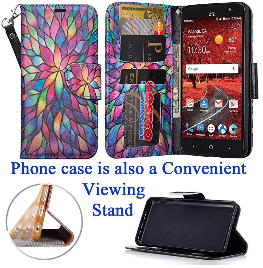 ZTE Blade Spark ZMAX ONE Grand X4 Hybrid Wallet Case with Kickstand, Grip Texture, Stained Glass Design, Screen Flip Cover, Perfect for Daily Use and Travel
