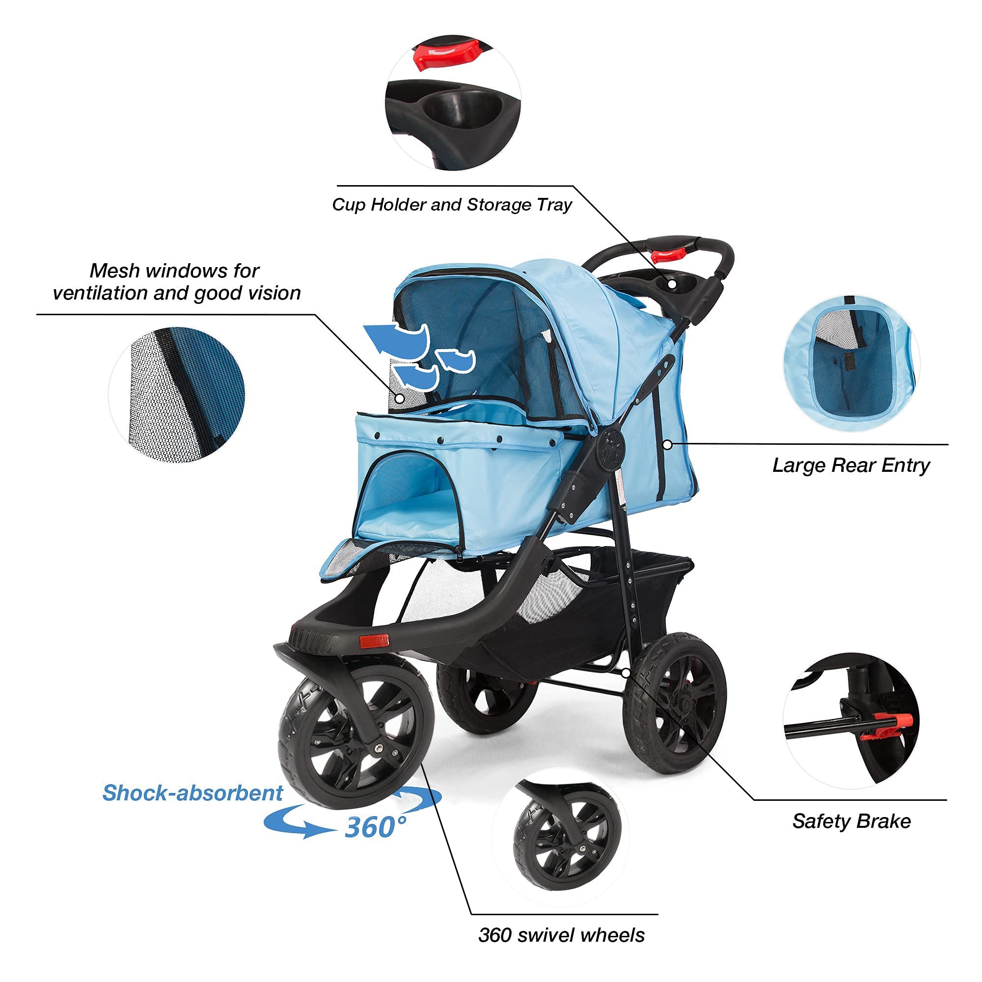 LUCKYERMORE Large Wheel Pet Stroller with Storage Basket - Foldable, Breathable Mesh Design for Dogs & Cats - Perfect for Jogging, Shopping & Outdoor Adventures (Blue)